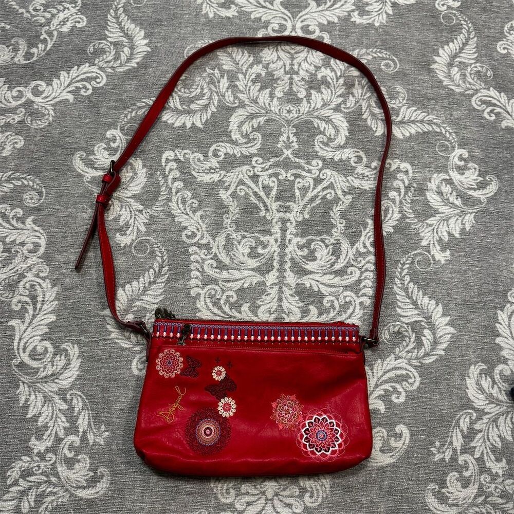 Desigual Women's Red Shoulder Bag with Embroidered Mandalas Design